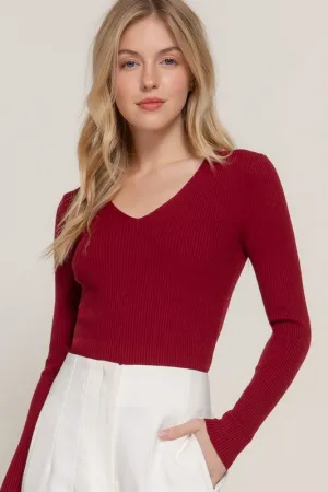 Cozy Style NICKI LONG SLEEVE V-NECK FITTED VISCOSE RIB SWEATER TOP NICKI LONG SLEEVE V-NECK FITTED VISCOSE RIB SWEATER TOP Flexible Collar Fit For Comfort