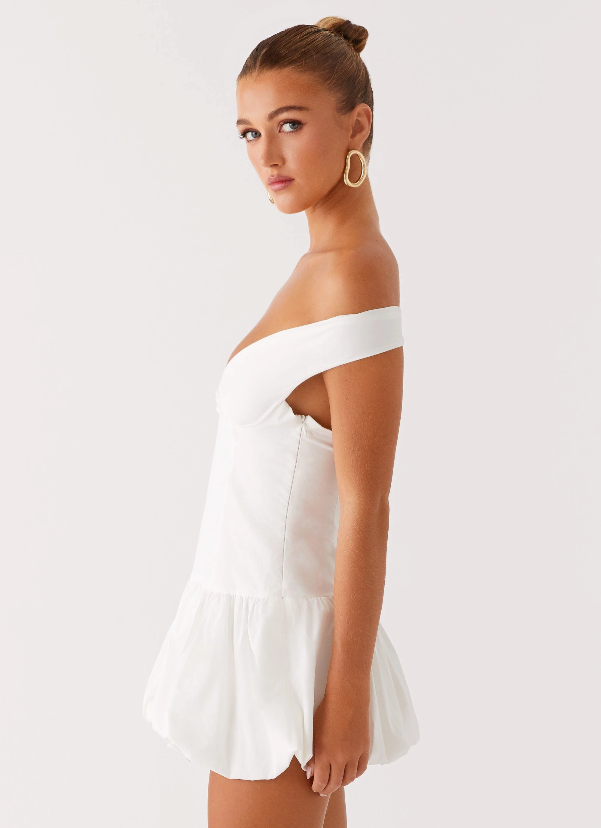 Timeless Cut Bold colors Endless Romance Off Shoulder Mini Dress - White