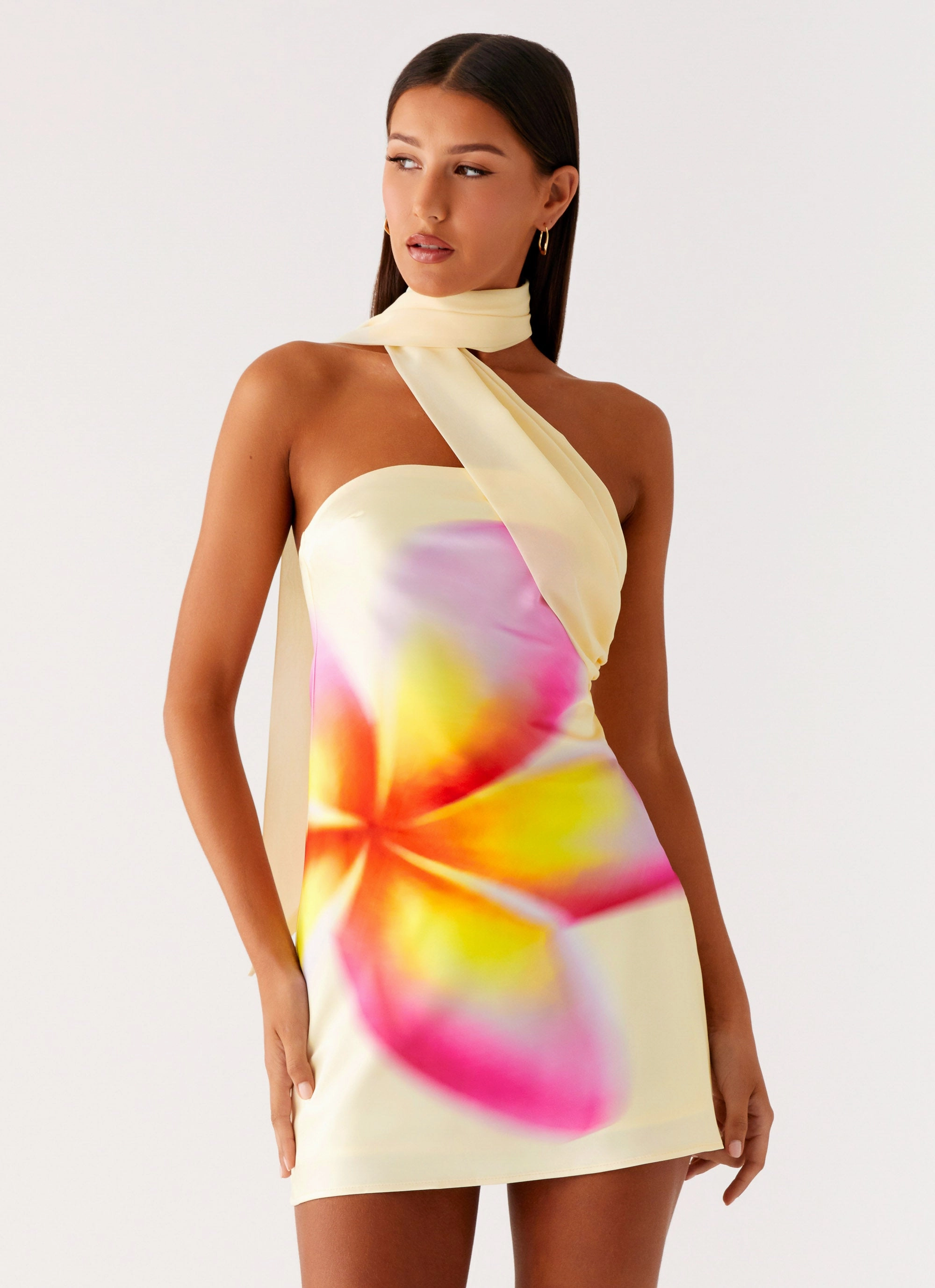 Off-Shoulder Isa Scarf Satin Mini Dress - Frangipani Yellow
