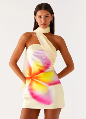 Cozy Attires Isa Scarf Satin Mini Dress - Frangipani Yellow Elegant Style Natural Fit Isa Scarf Satin Mini Dress - Frangipani Yellow