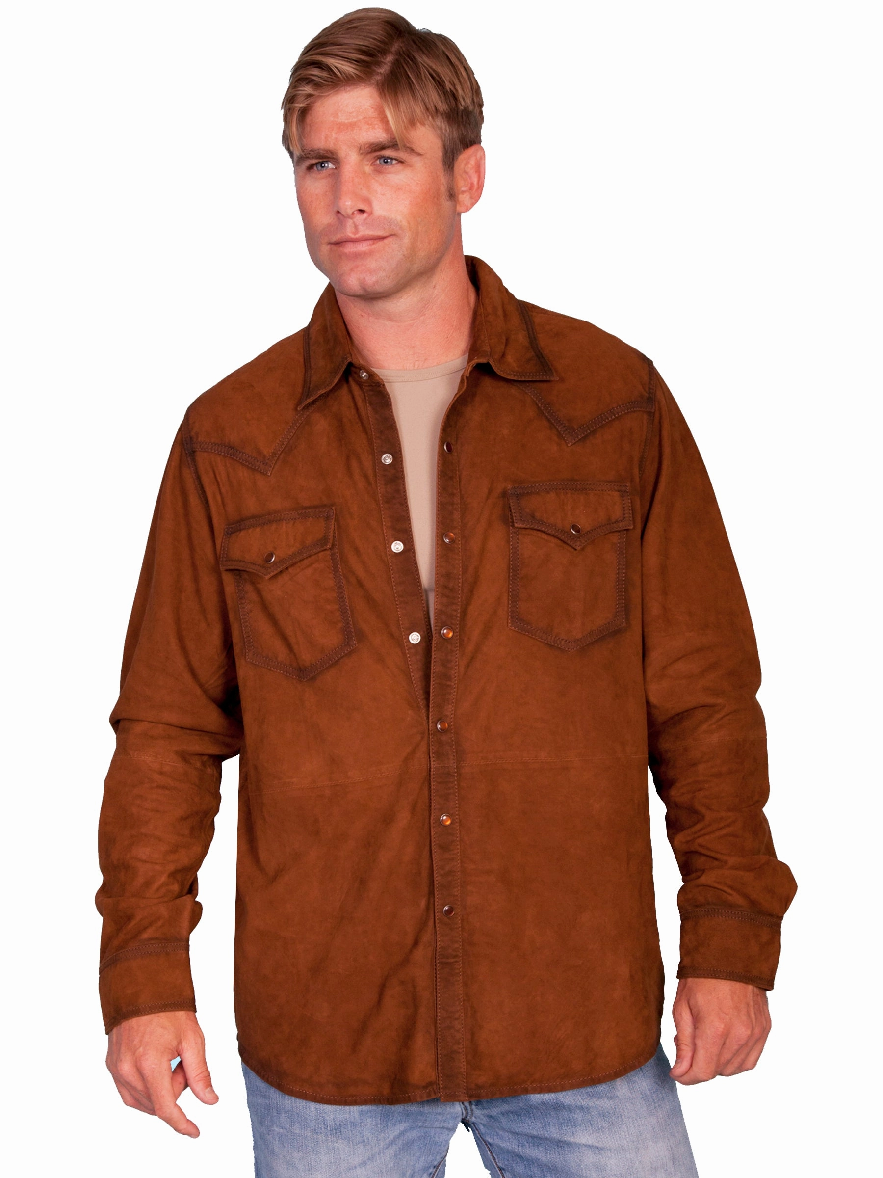 Scully Mens Brown Suede Western L/S Shirt Reinforced Hems Light Option