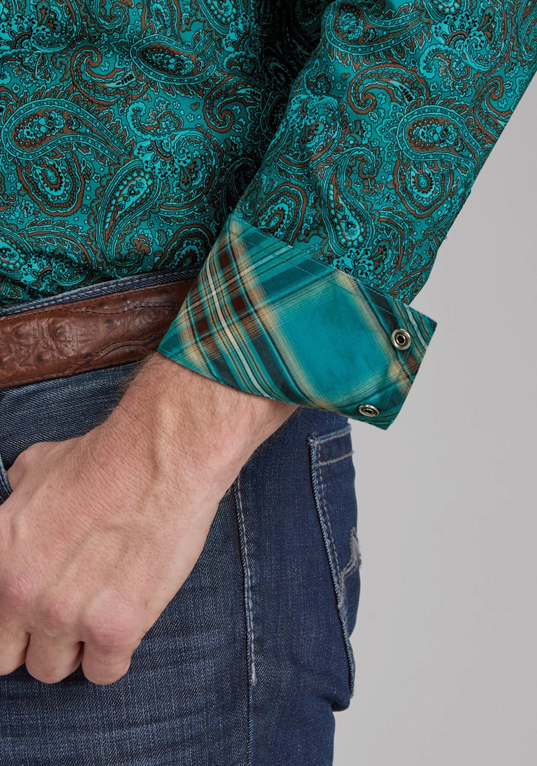 hypoallergenic Roper Mens 2238 Mallard Paisley Teal 100% Cotton L/S Shirt