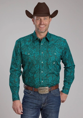 crew neck Roper Mens 2238 Mallard Paisley Teal 100% Cotton L/S Shirt Versatile Layering Refined Aesthetic Roper Mens 2238 Mallard Paisley Teal 100% Cotton L/S Shirt