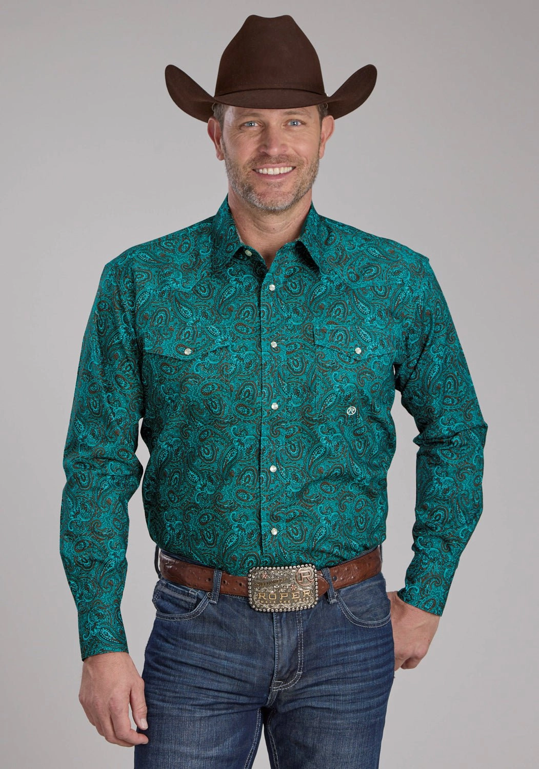Roper Mens 2238 Mallard Paisley Teal 100% Cotton L/S Shirt Multipurpose Utility Soft Comfort