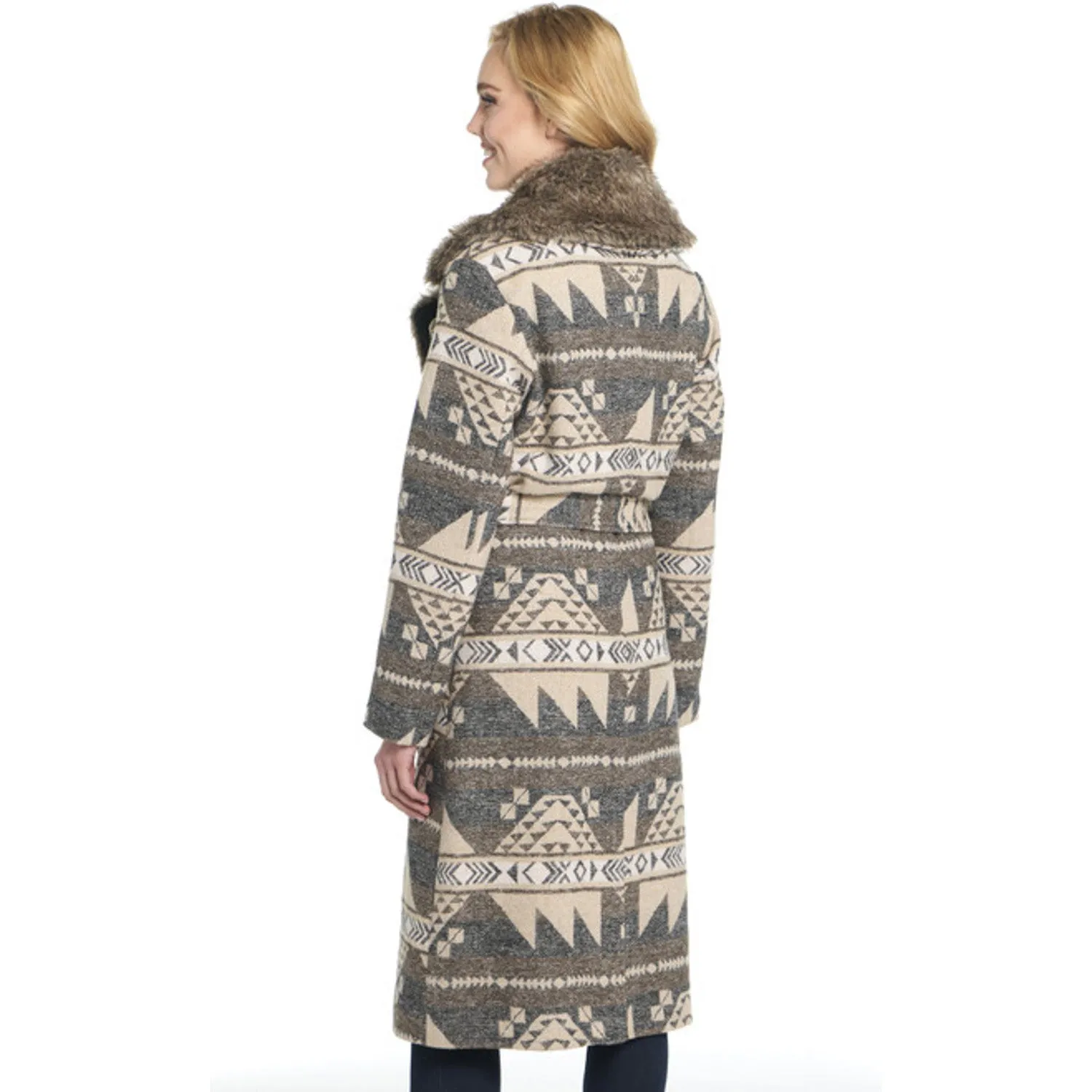 Anti Snag Thread Technology Cripple Creek Womens Belted Navajo Blanket Snap Wood Ash Polyester Duster Coat