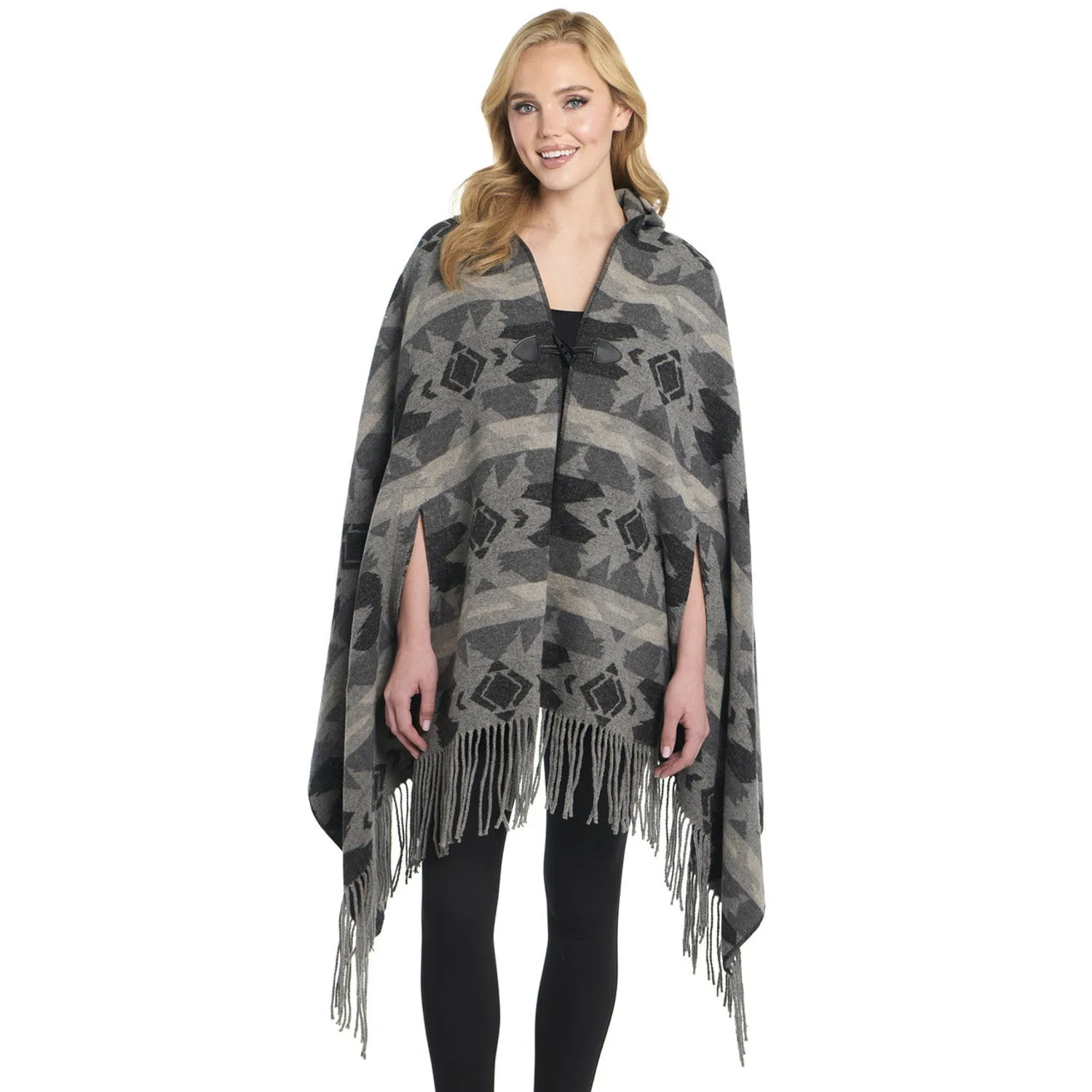 Basic Style Cripple Creek Womens Navajo Open Front Hooded Mountain Mist Polyester Poncho