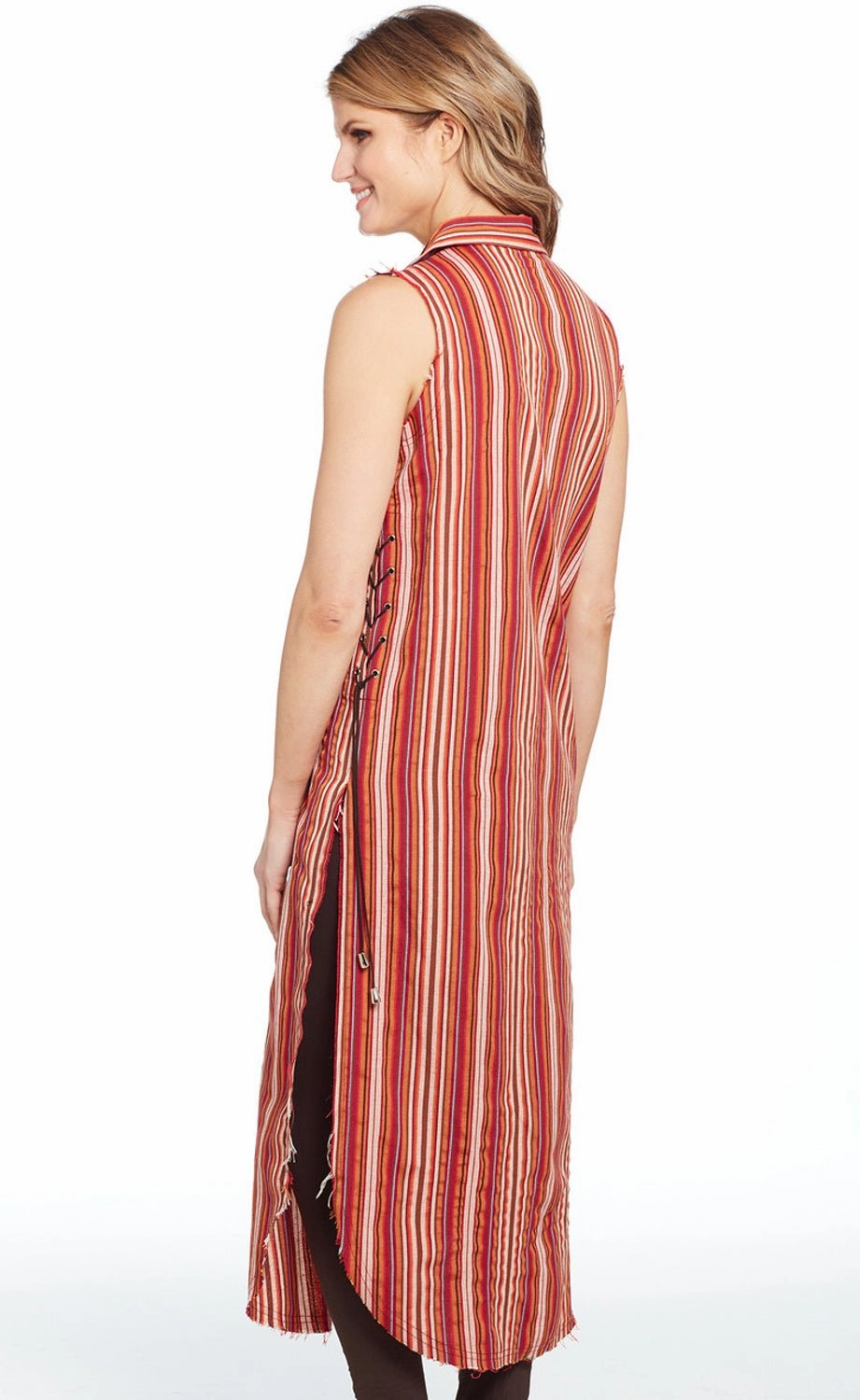 Cripple Creek Womens Lace-Up Side Duster Red Multi S/L Dress Office Casual Artist Vibe Work Meeting Casual