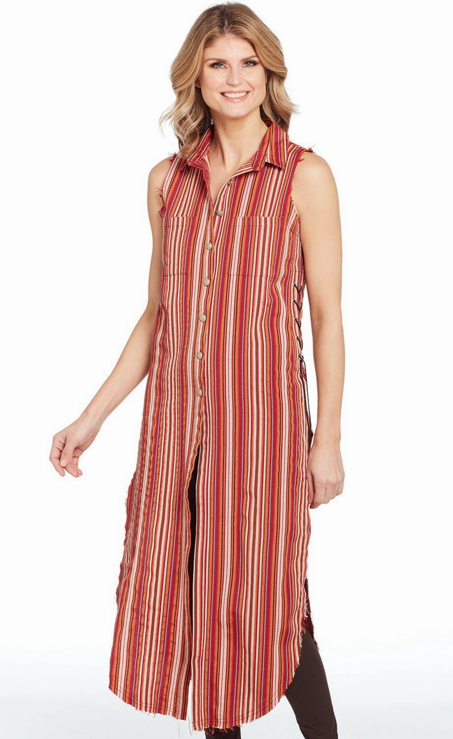 Cripple Creek Womens Lace-Up Side Duster Red Multi S/L Dress Tailored Cut Smooth Lightweight