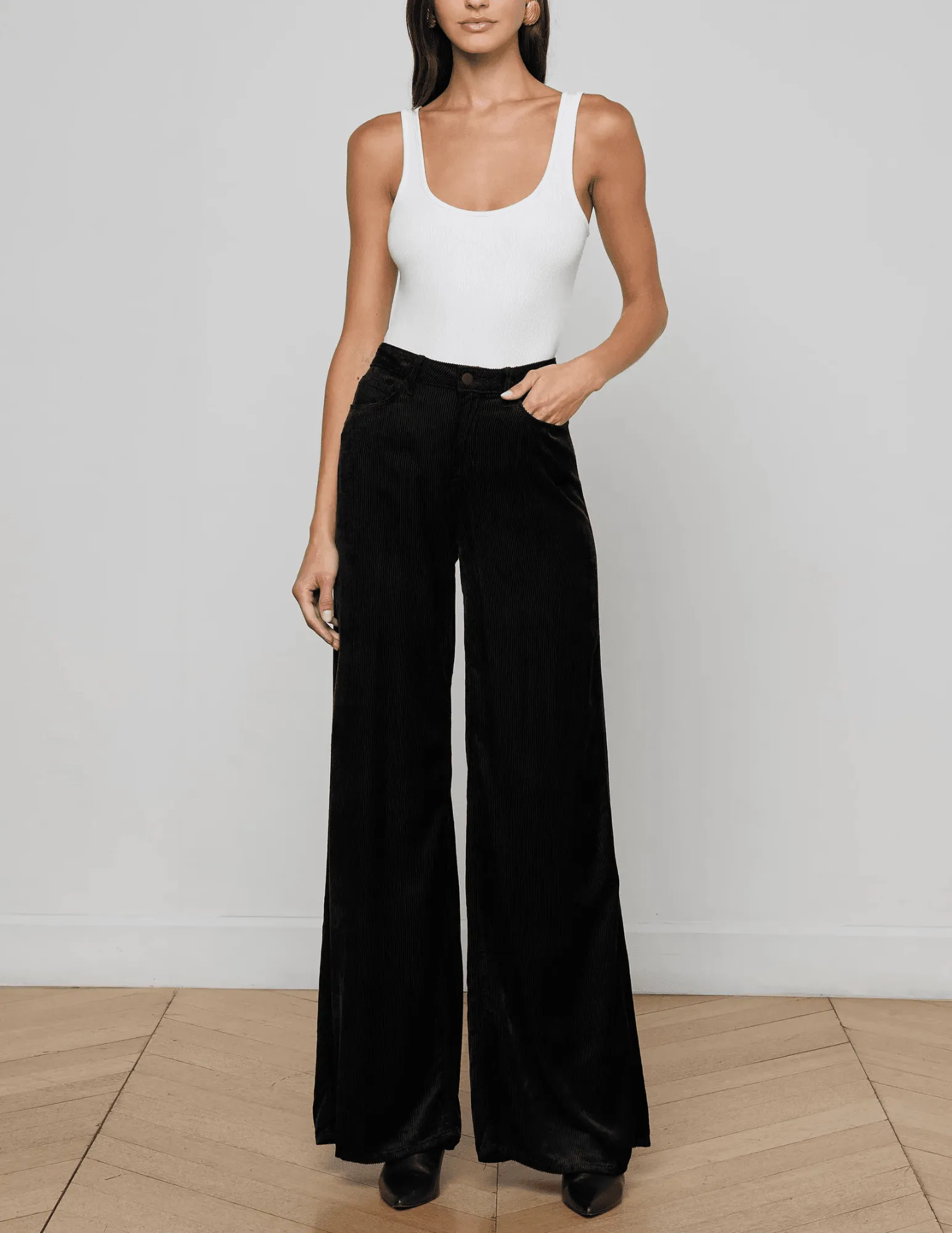 L??AGENCE Quincy Corduroy High Rise Ultra Wide Leg Jeans in Black Comfortable Silhouette Vibrant Design