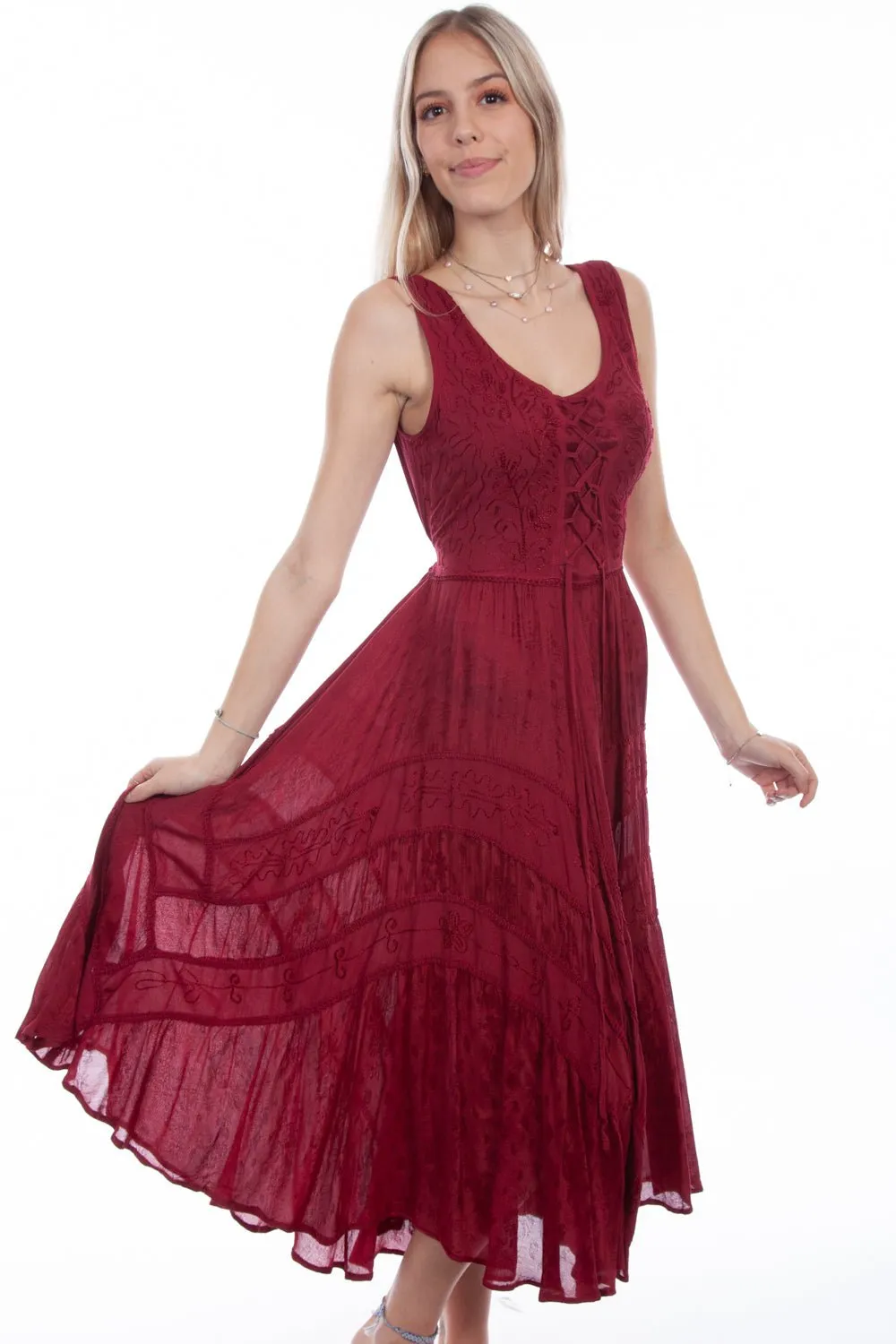Relaxed Fit Street Inspired Scully Honey Creek Womens Burgundy Rayon Lace Up Peasant Tiered Dress