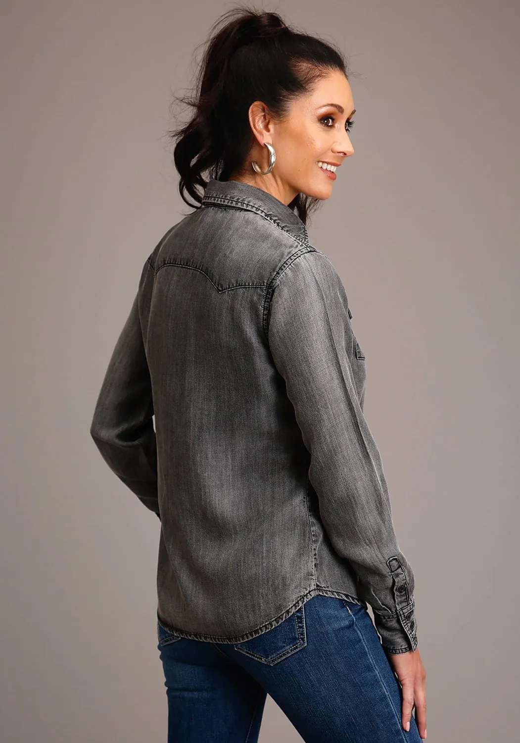 Elegant Party Look Winter Warmth Stetson Womens Black Wash Denim Boyfriend Fit L/S Blouse