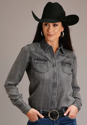 Crisp Cut Stetson Womens Black Wash Denim Boyfriend Fit L/S Blouse Stetson Womens Black Wash Denim Boyfriend Fit L/S Blouse Breathable Denim Smart Waistband