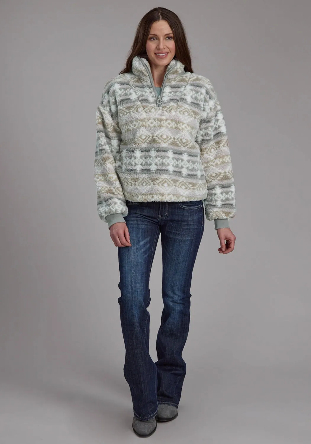 Street Fashion Parent Style Roper Womens Fuzzy Aztec Taupe/Gray 100% Polyester Fleece Jacket