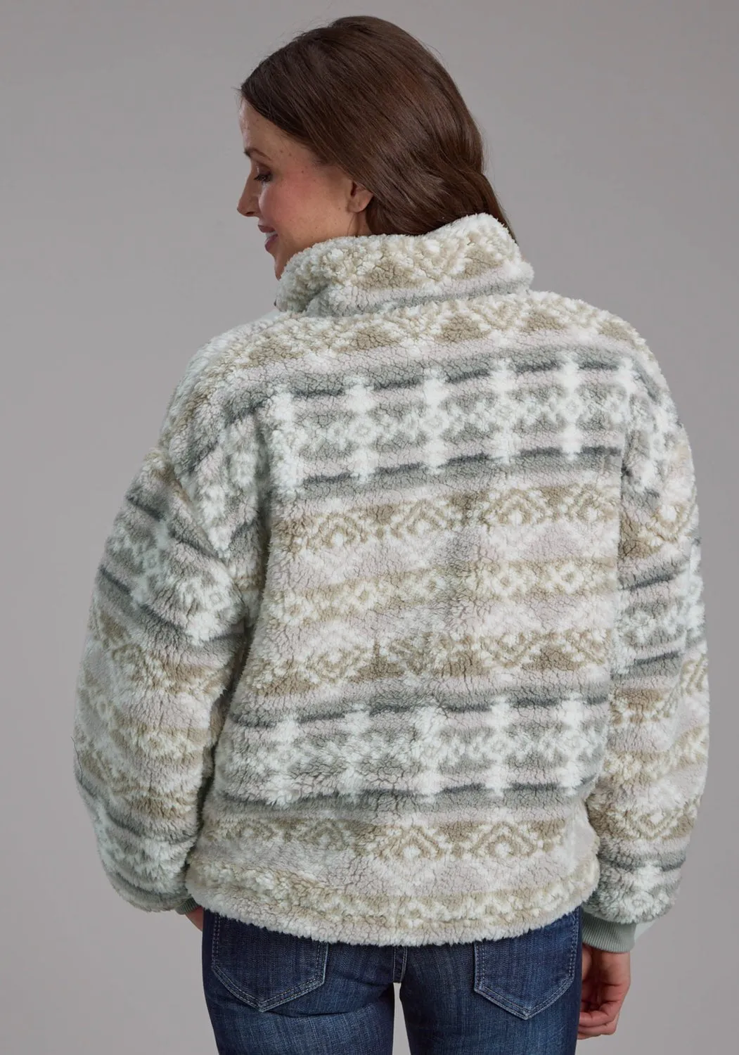 Roper Womens Fuzzy Aztec Taupe/Gray 100% Polyester Fleece Jacket Festival Outfit Minimalist Style Modern Weekend Style