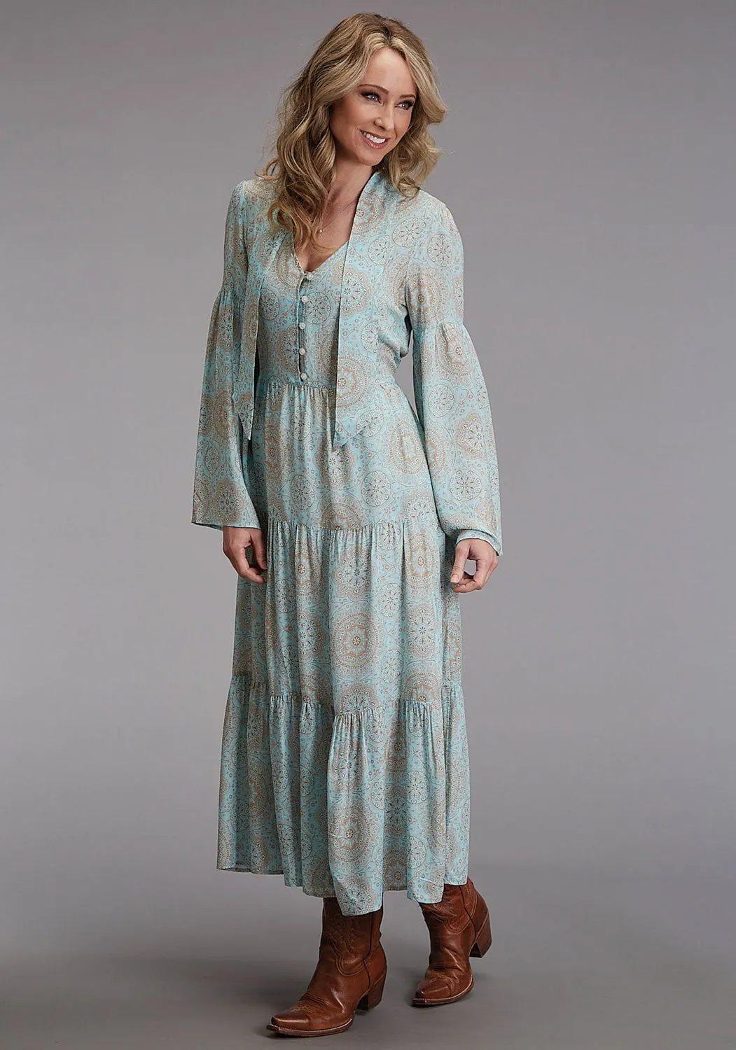 Tailored Comfort Everyday Loose Music Event Stetson Womens 1986 Mandala Print Aqua 100% Rayon L/S Dress