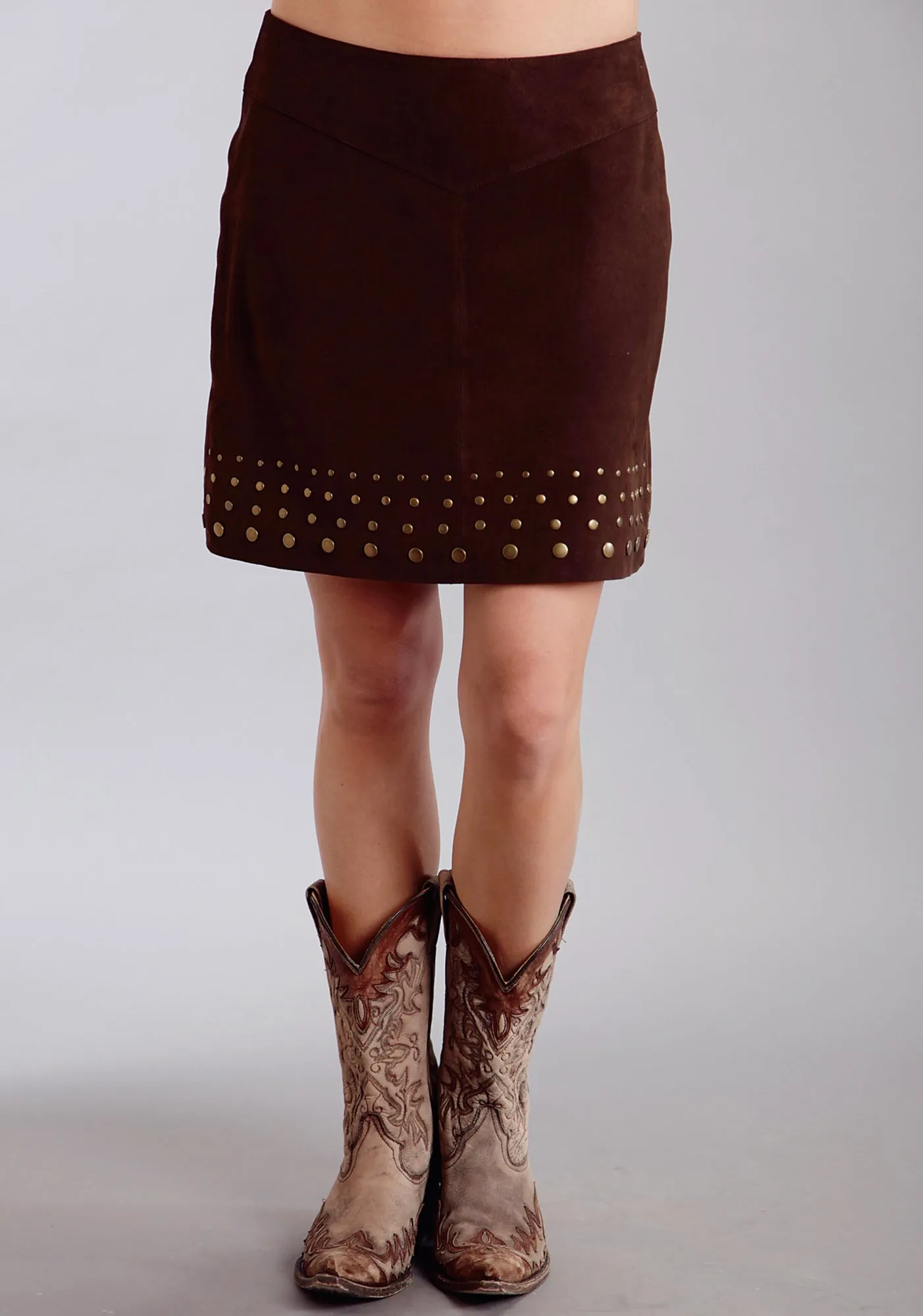 Seasonal piece Street Fashion Parent Style Stetson Ladies Brown Leather Nailheads Suede Lamb Skirt