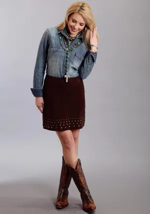 Crisp Flair Stetson Ladies Brown Leather Nailheads Suede Lamb Skirt Outfit Vibe Trendy Fit Stetson Ladies Brown Leather Nailheads Suede Lamb Skirt