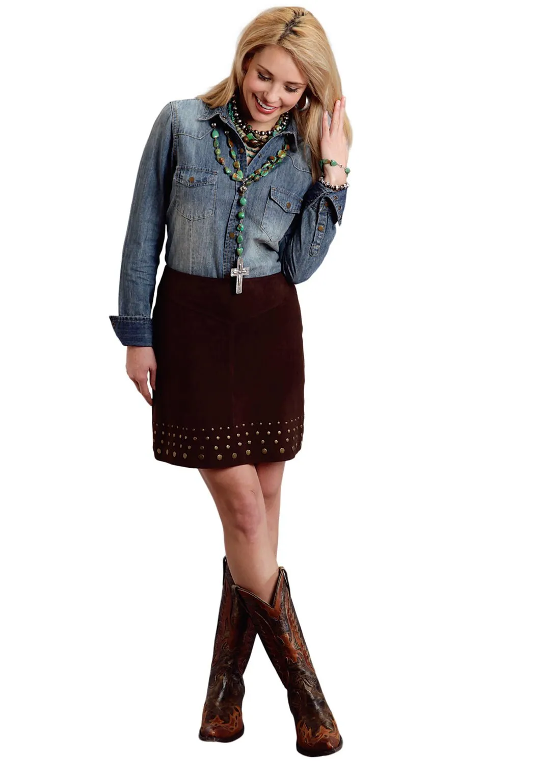 Stetson Ladies Brown Leather Nailheads Suede Lamb Skirt High-Quality Fabric Smart Design
