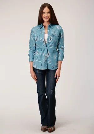 Crisp Lines Roper Womens Blue 100% Cotton Aztec Mash Up L/S Shirt Durable piece Fashion Fit Design Roper Womens Blue 100% Cotton Aztec Mash Up L/S Shirt