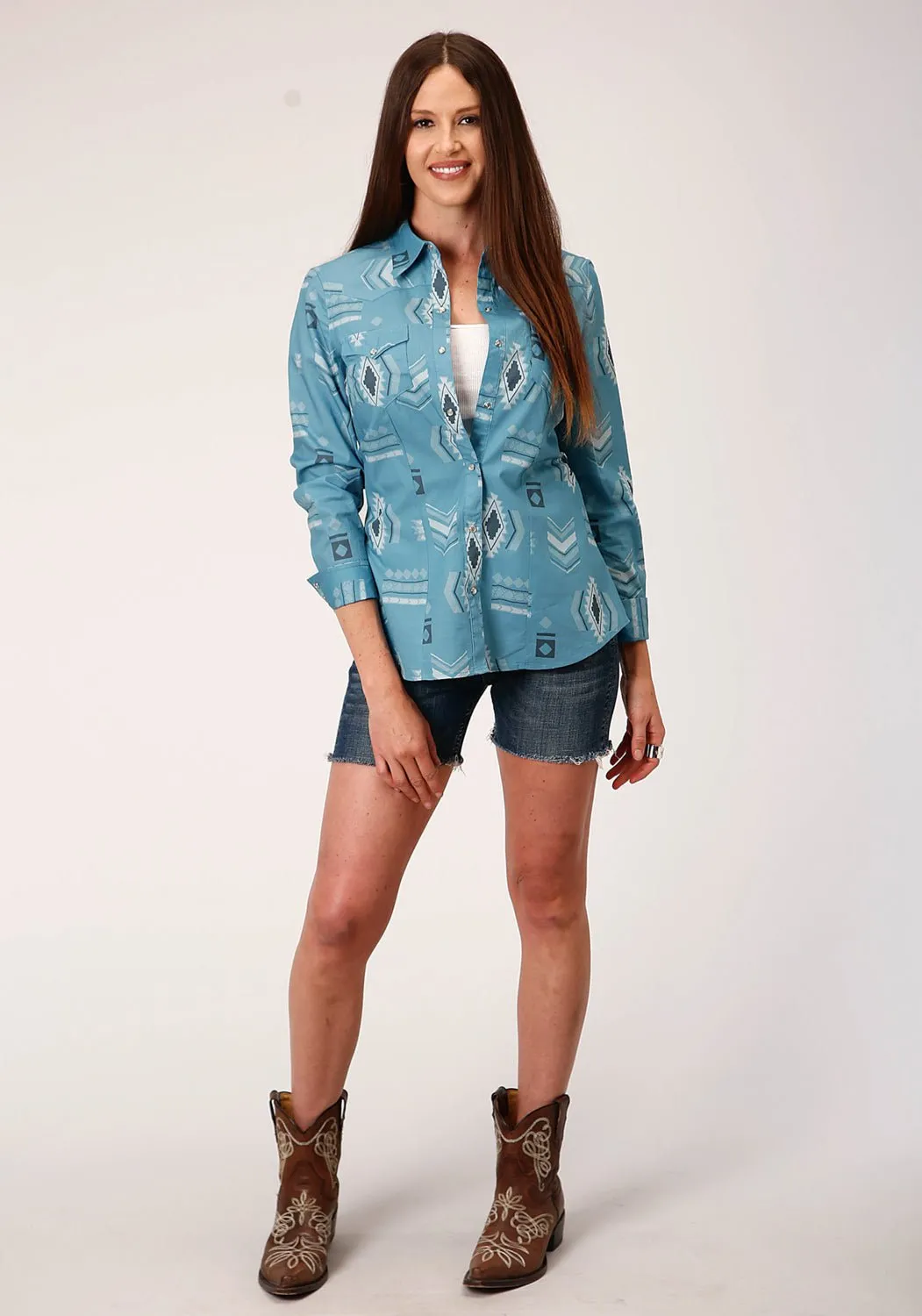 Formal Classic Wear Loose Roper Womens Blue 100% Cotton Aztec Mash Up L/S Shirt