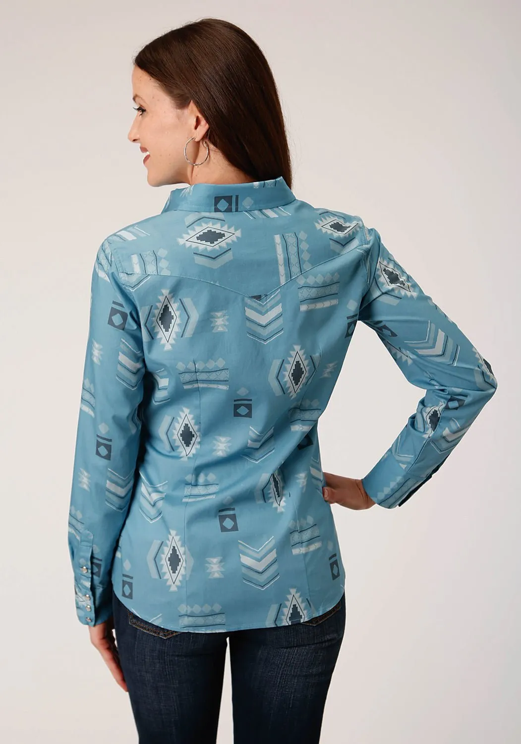 Fashion Lover Youth Style Smooth Base Fit Piece Roper Womens Blue 100% Cotton Aztec Mash Up L/S Shirt
