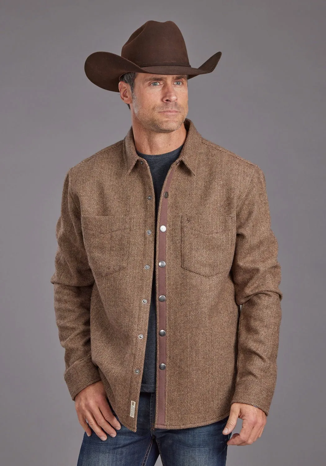 Stetson Mens Herringbone Jacket Brown Poly/Wool L/S Shirt Button Down Design Active Wear