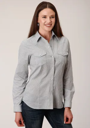 Crochet detail Roper Womens 828 Print Grey/White Cotton Blend L/S Shirt Everyday Wear Stylish Design Roper Womens 828 Print Grey/White Cotton Blend L/S Shirt