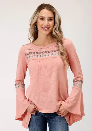 Crochet detail Roper Womens Peasant Knit Light Pink 100% Cotton L/S Tunic Seamless Sides Roper Womens Peasant Knit Light Pink 100% Cotton L/S Tunic