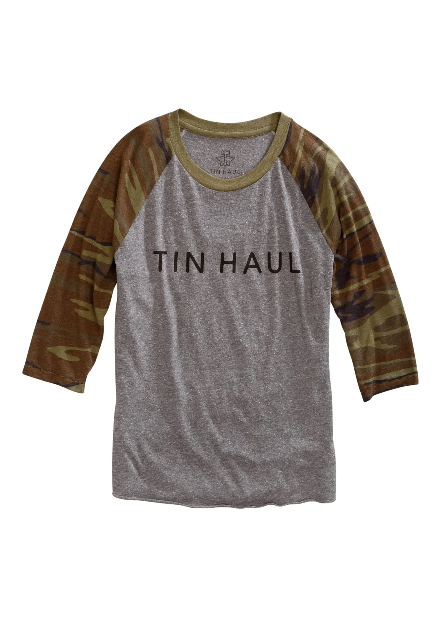 Tin Haul Mens Heather Grey/Camo Cotton Blend Script S/S T-Shirt Waffle Weave