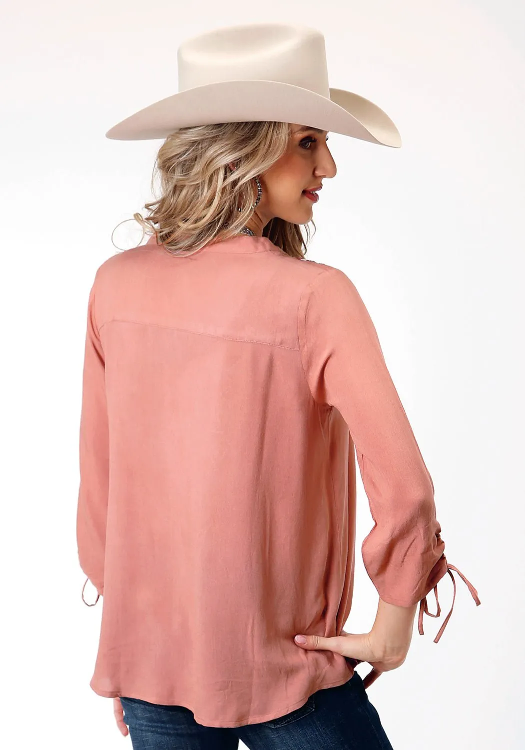 Soft touch finish Smooth Stitch Pattern Roper Womens Aztec Embroidered Dark Coral 100% Rayon S/S Blouse