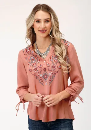 Cruelty Free Roper Womens Aztec Embroidered Dark Coral 100% Rayon S/S Blouse Roper Womens Aztec Embroidered Dark Coral 100% Rayon S/S Blouse Ventilated Back Panel Lightweight Material