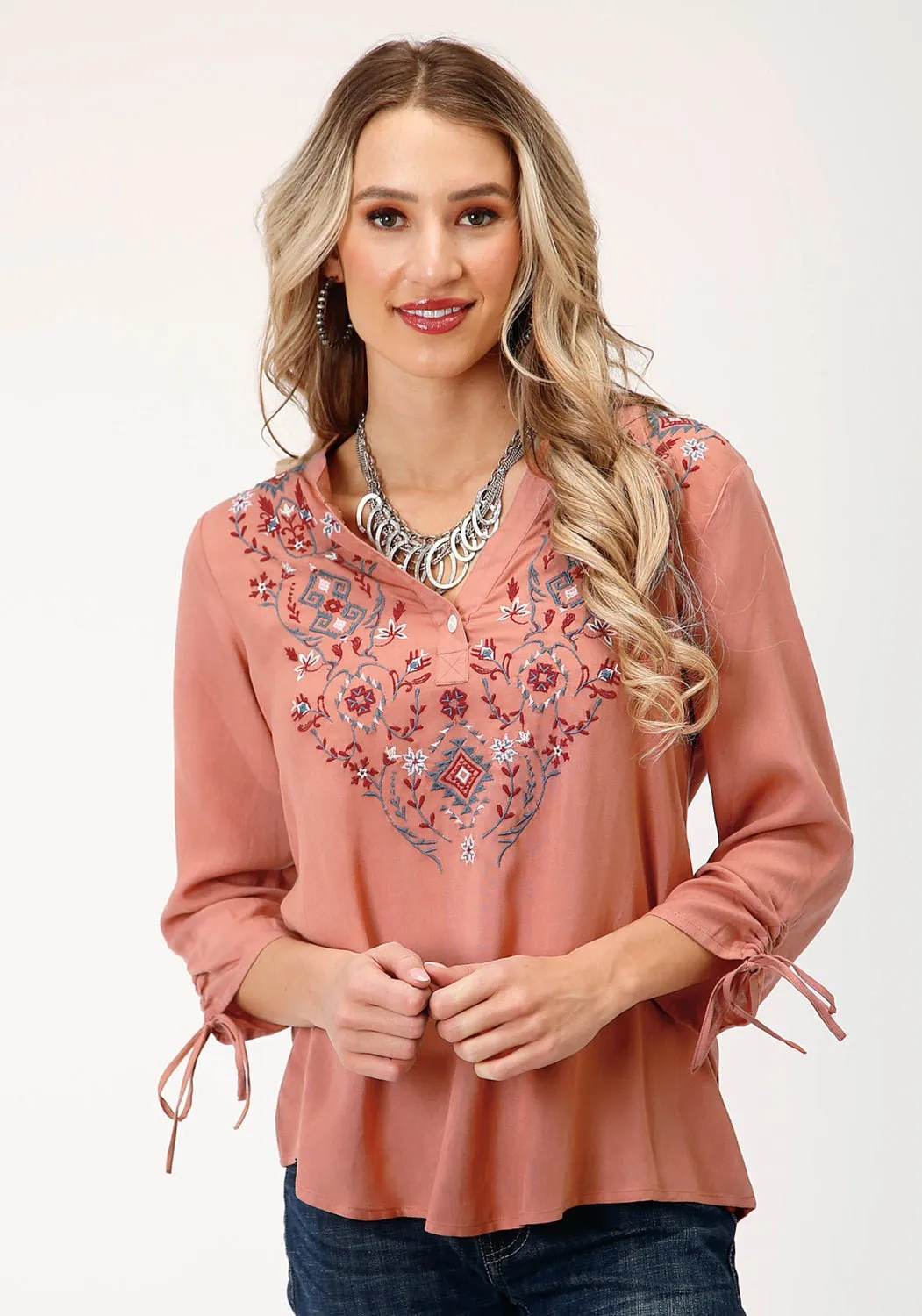 Roper Womens Aztec Embroidered Dark Coral 100% Rayon S/S Blouse Ventilated Back Panel Lightweight Material