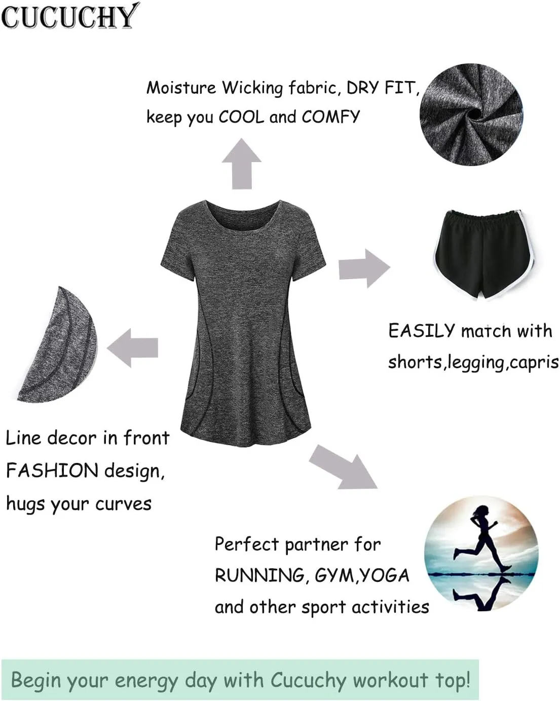 Cucuchy Womens Yoga Tops Flowy Fitness Workout Shirts Short Sleeve Activewear