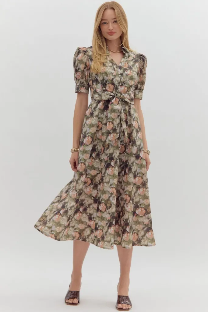 Haven Floral Tie Waist Midi Dress Flexible Fit Timeless Trend