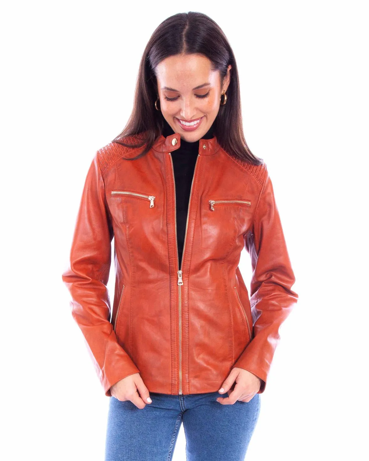 Comfortable Fit Design Scully Womens Cafe Racer Zip Rust Leather Leather Jacket