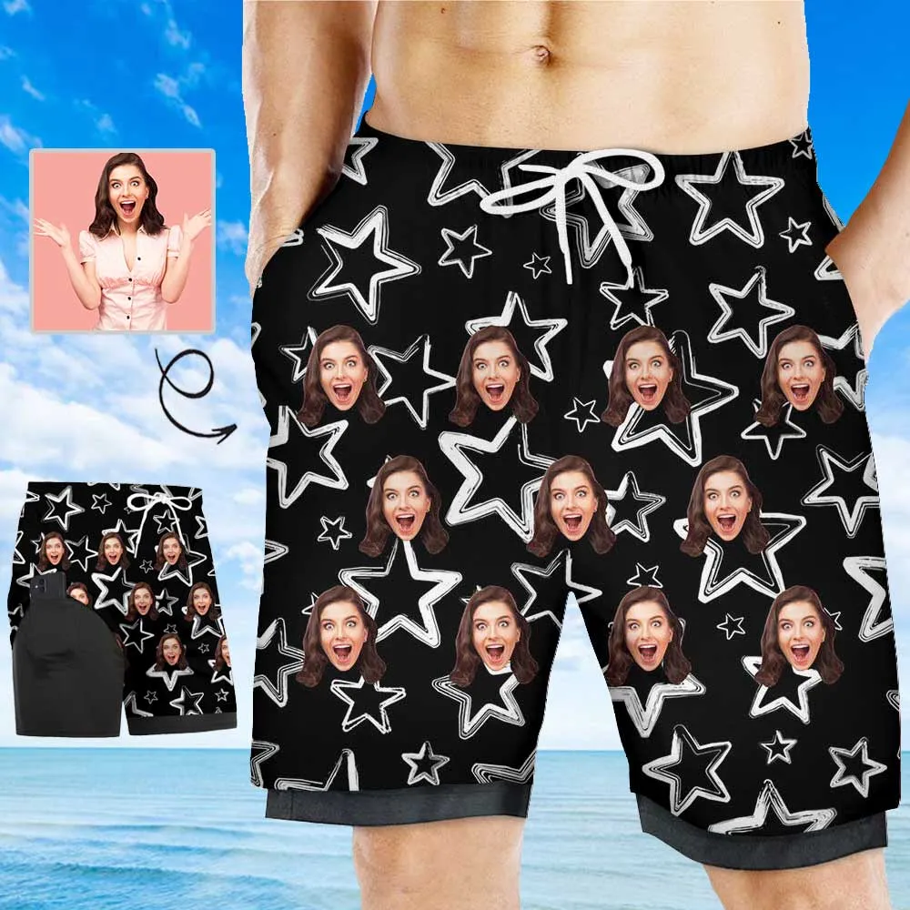 Custom Face Black Star Men's Quick Dry 2 in 1 Surfing & Beach Shorts Male Gym Fitness Shorts