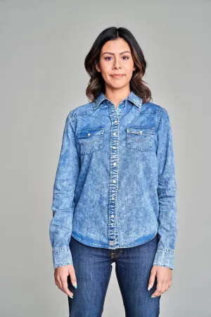 Cut Out Detail Kimes Ranch Womens KC Top Indigo 100% Tencel L/S Shirt Classic Style Functional Fashion Kimes Ranch Womens KC Top Indigo 100% Tencel L/S Shirt