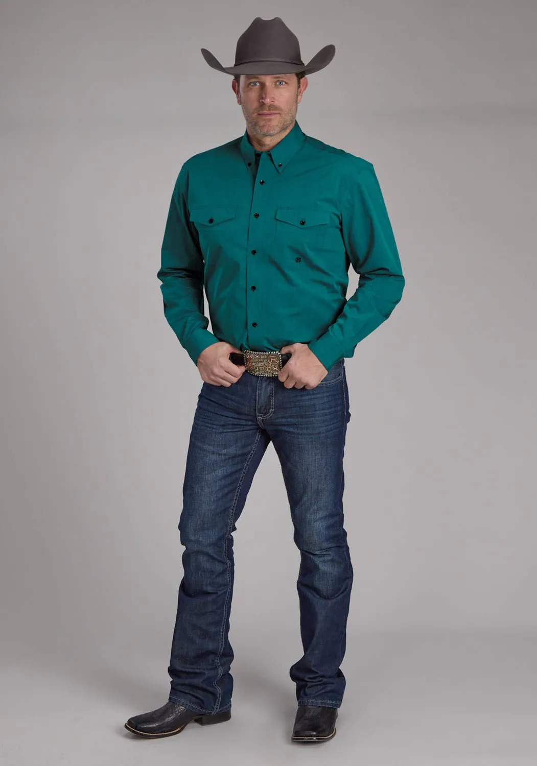 Roper Mens 2249 Black Fill Teal 100% Cotton Btn L/S Shirt Day-To-Night Wear Subtle patterns