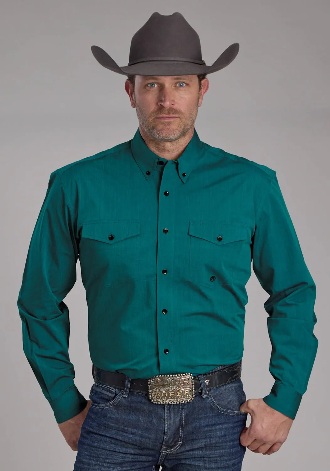 Classic Look formal dinner Roper Mens 2249 Black Fill Teal 100% Cotton Btn L/S Shirt