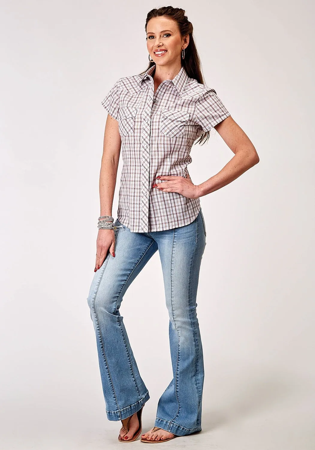 Quality Material Roper Womens 1969 Vintage Plaid Cream Cotton Blend S/S Shirt