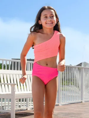 Cutout Crinkle One Piece Swimsuit - Coral Fuchsia