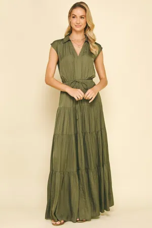 Cutout Detail Lucy Satin Tiered Maxi Dress in Olive Lucy Satin Tiered Maxi Dress in Olive Flattering bodycon dress Subtle Look