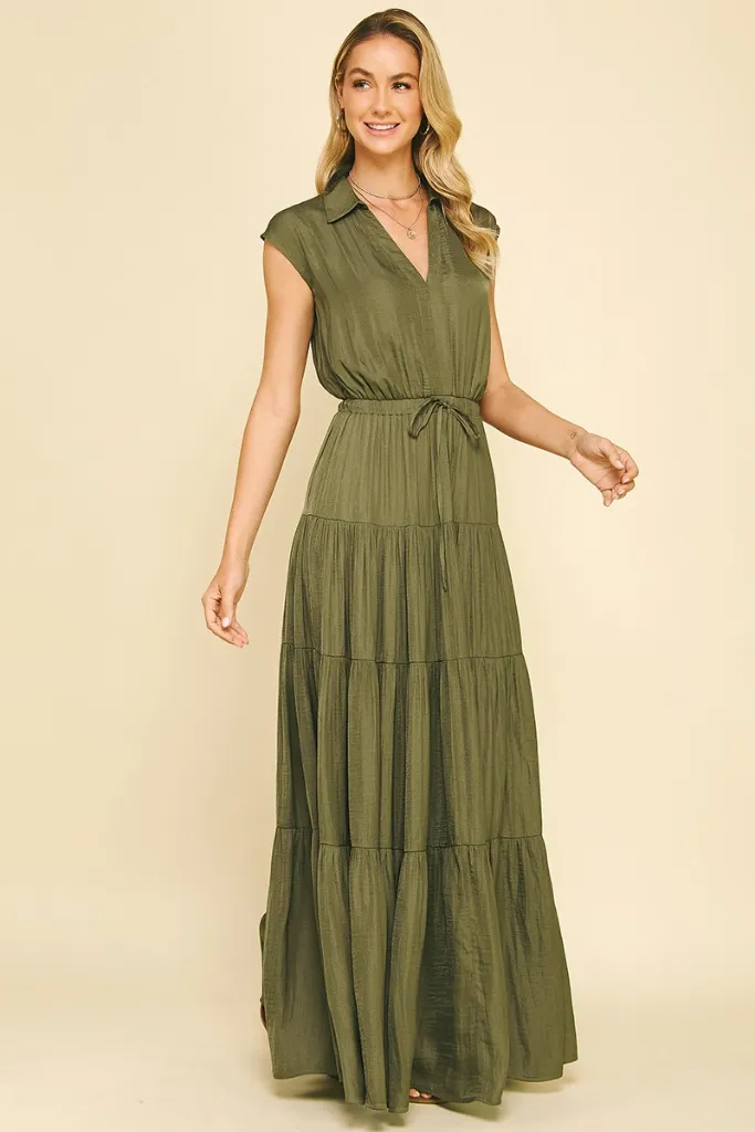 Lucy Satin Tiered Maxi Dress in Olive Short Sleeve Casual Layers