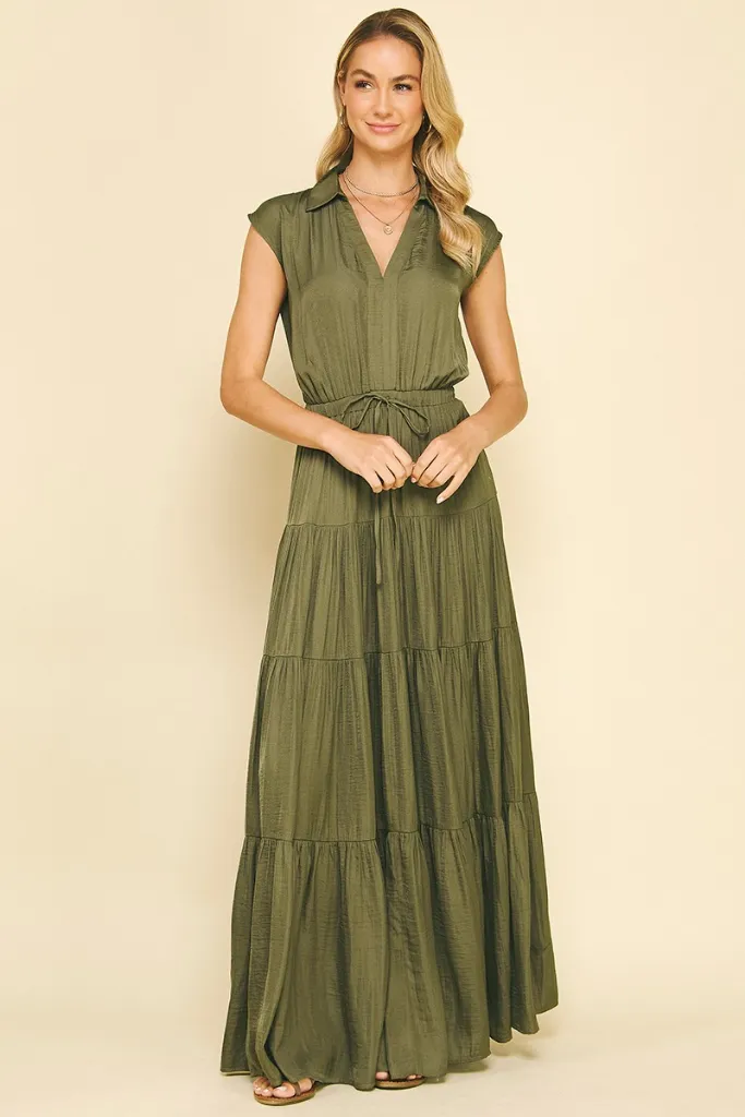 Lucy Satin Tiered Maxi Dress in Olive Flattering bodycon dress Subtle Look