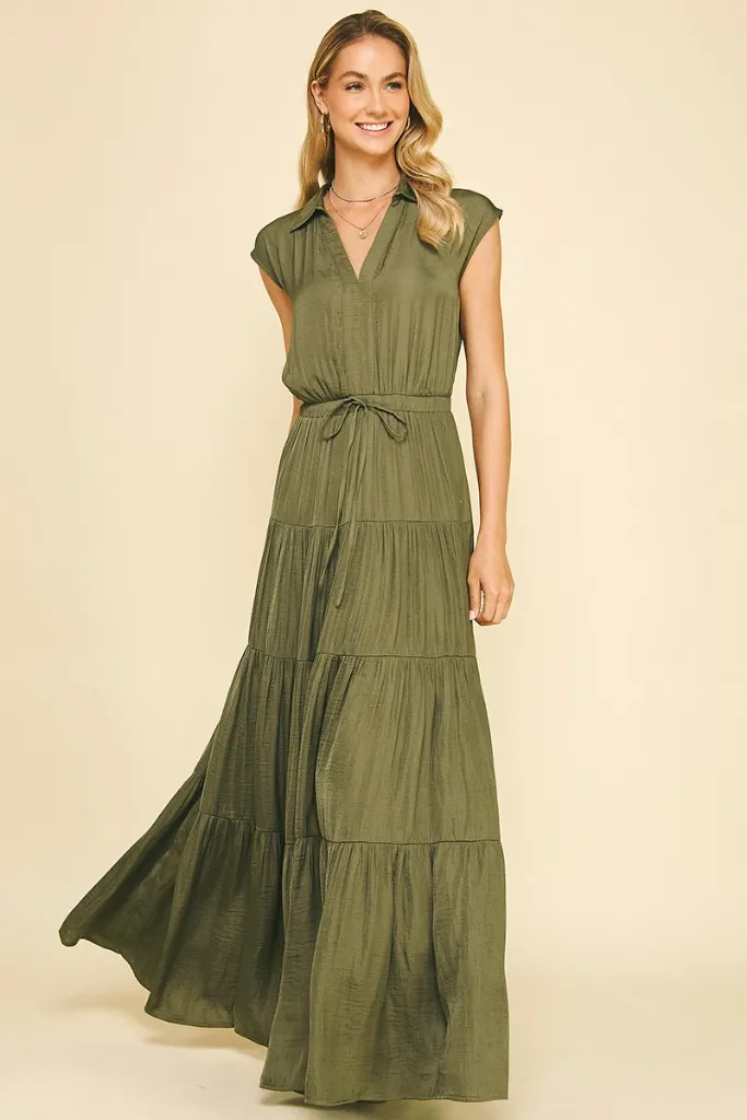 Lucy Satin Tiered Maxi Dress in Olive Sleek Wear BreathableLining