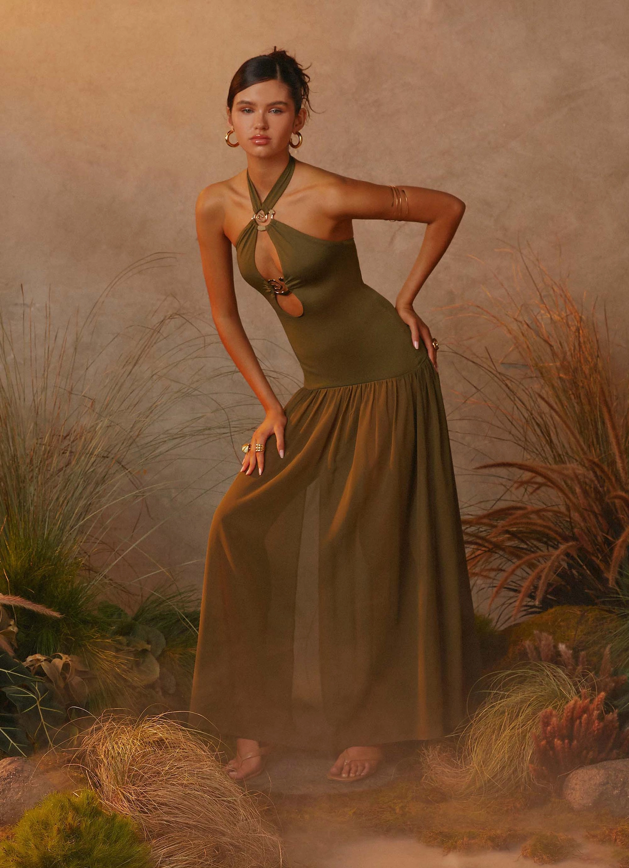 Sweetheart-Neck Cypress Kiss Maxi Dress - Khaki