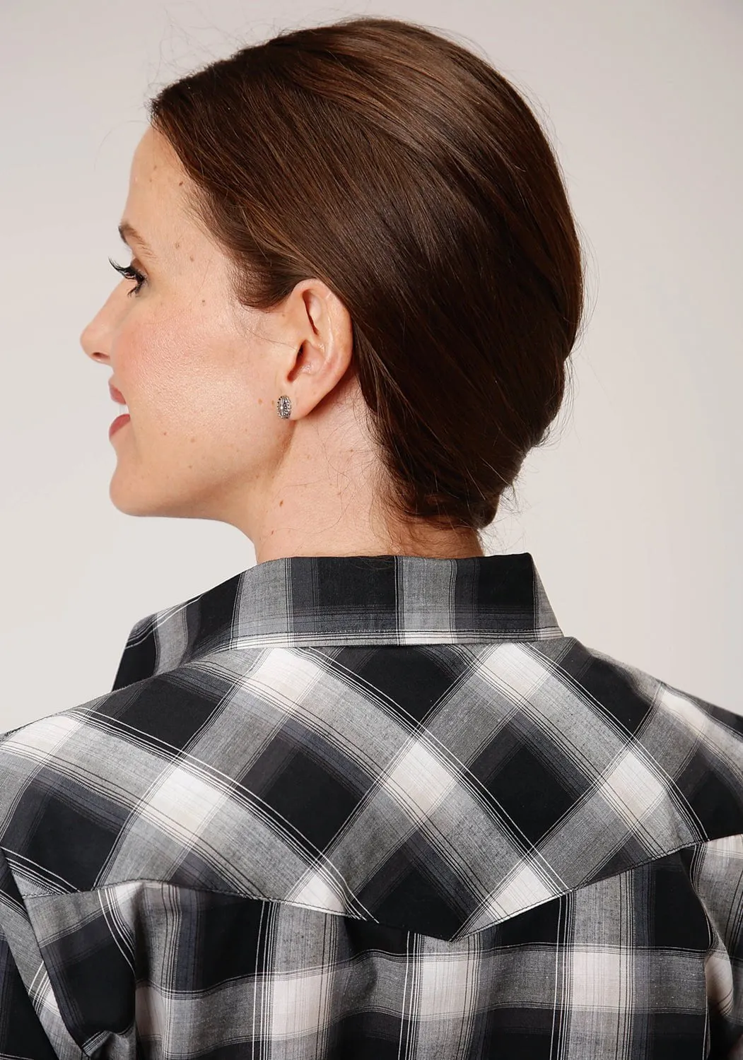 Roper Womens Charcoal/White Cotton Blend Plaid L/S Shirt Neutral Loose City Walk Smooth
