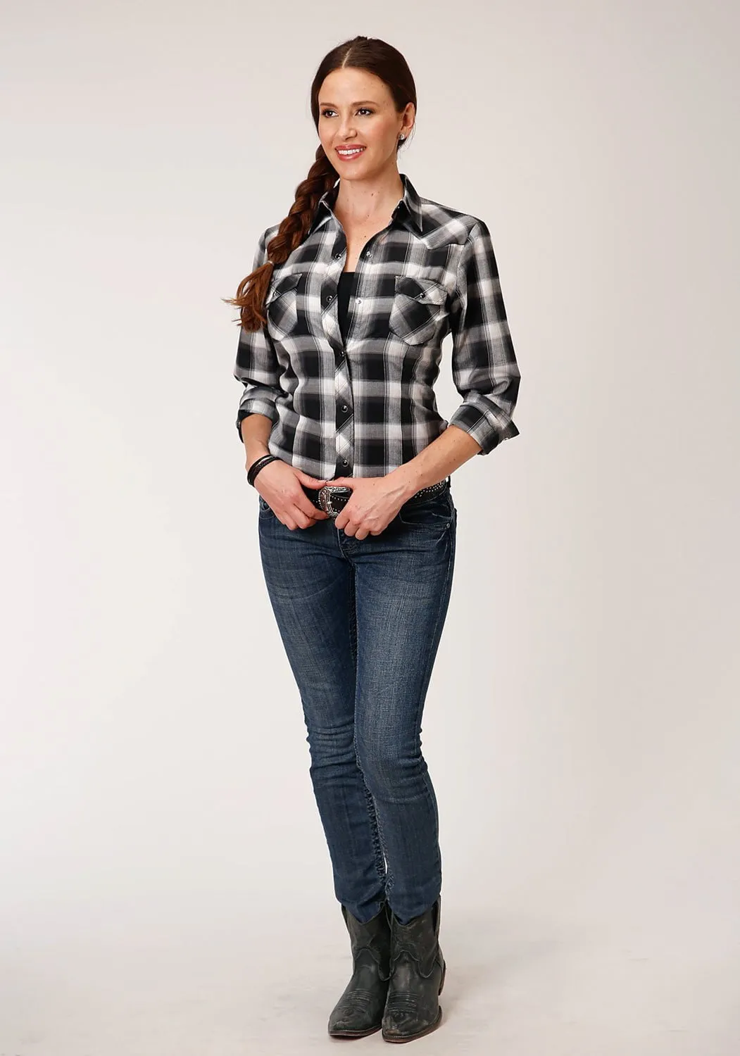 School Fit Smooth Creative Look Adult Fashion Roper Womens Charcoal/White Cotton Blend Plaid L/S Shirt