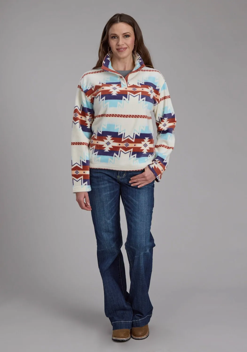 Laser Cut Edges Flattering Waist Roper Womens Large Aztec Print Cream/Blue 100% Polyester Fleece Jacket