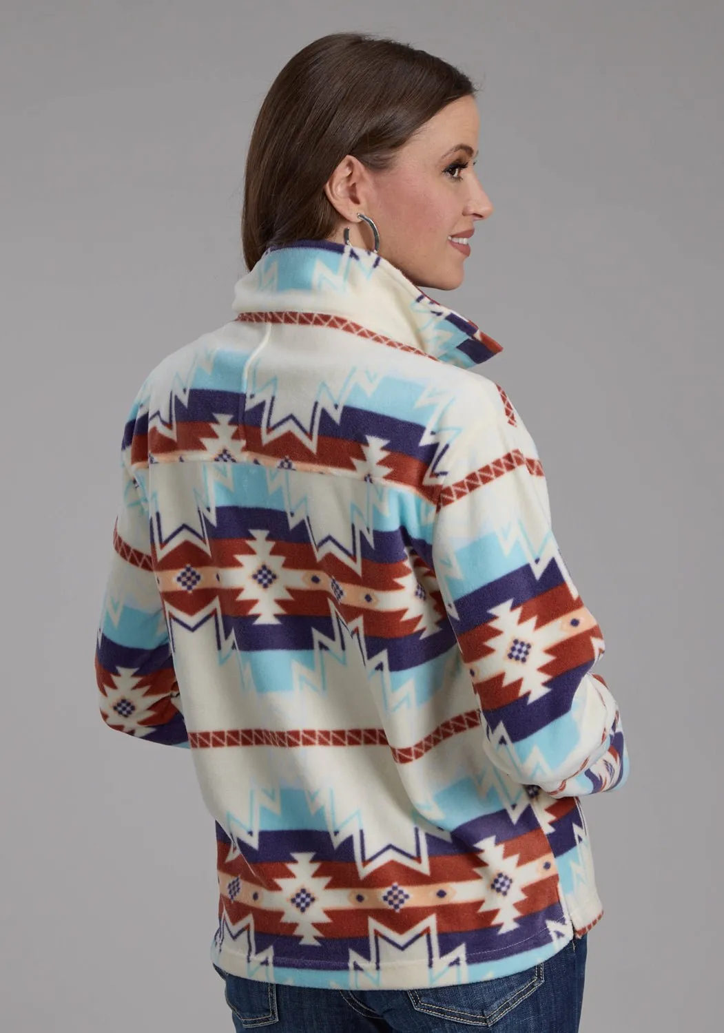 Roper Womens Large Aztec Print Cream/Blue 100% Polyester Fleece Jacket Sustainable Creative Look Spring Mood Office Wear Minimalist